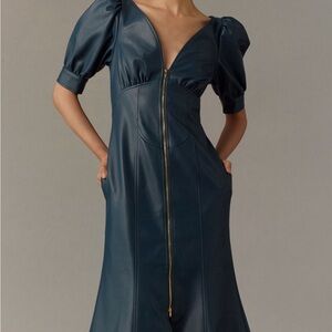 Anthropologie Deep Blue Midi Dress with Puff Sleeves